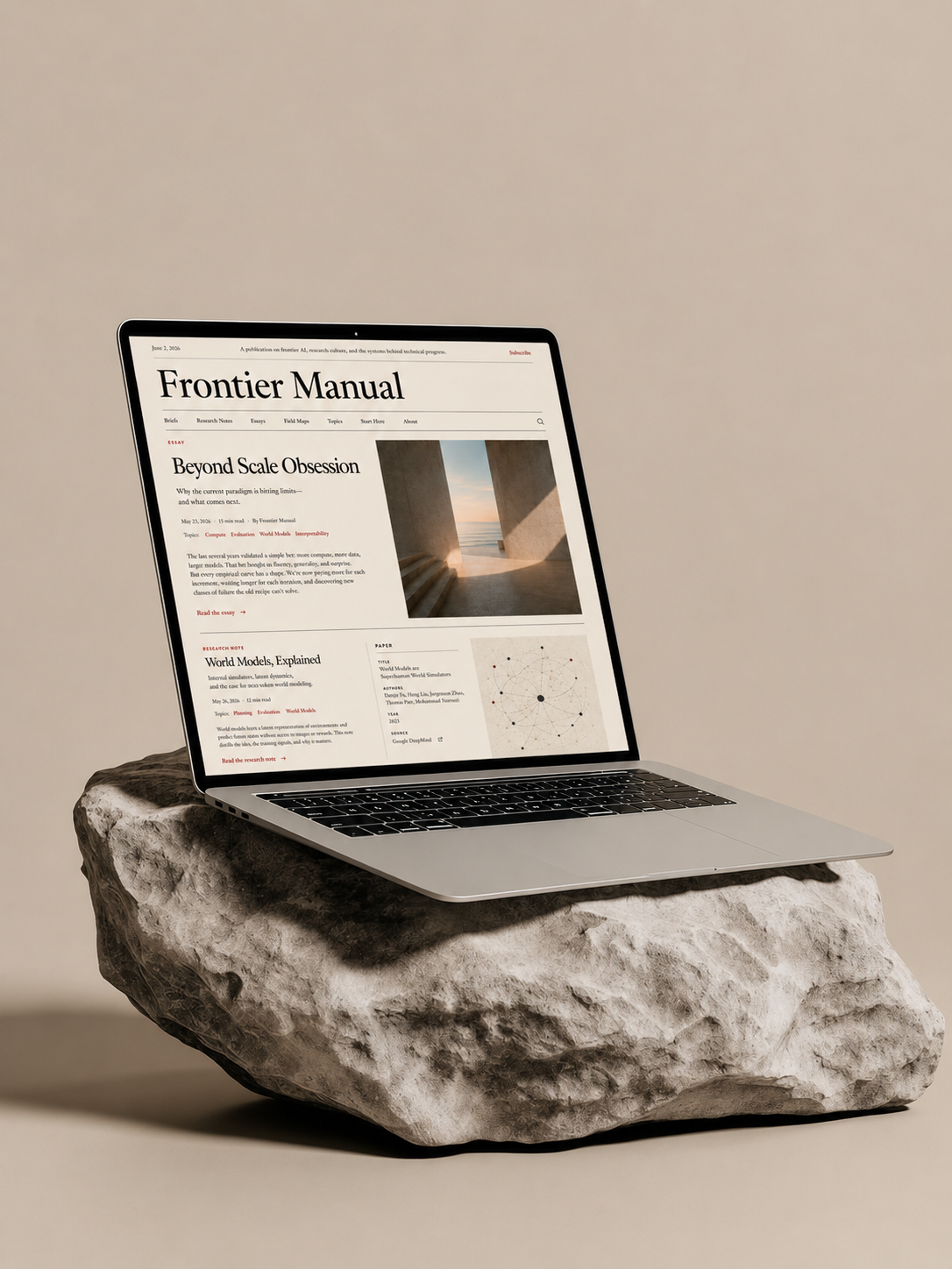 A laptop displaying Frontier Manual on a stone plinth.